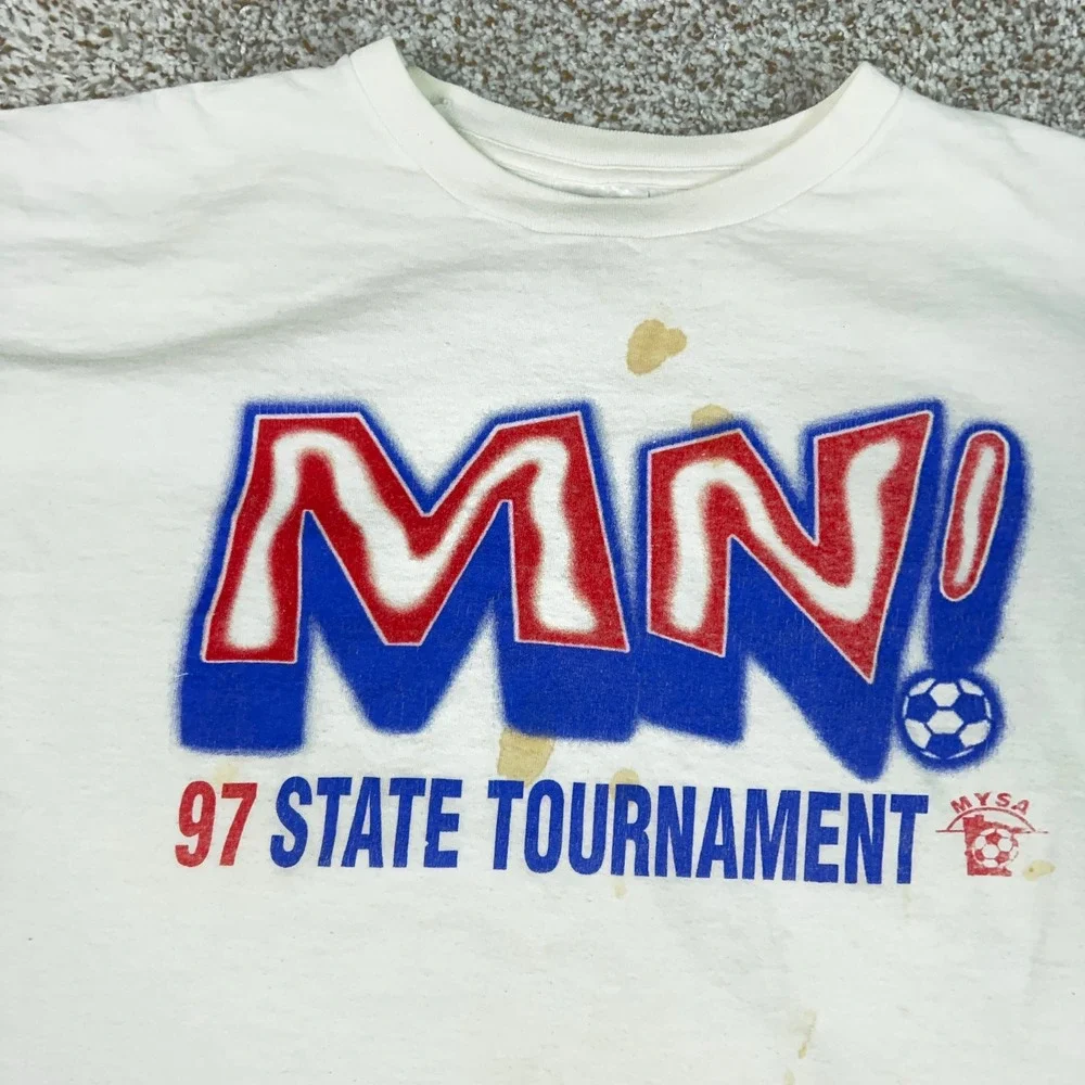 Vintage Adidas Shirt Men XL White Blue Logo Graphic Tee USA 1997 MN Soccer State